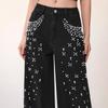 Women's High Waist Straight Leg Jeans Loose Fit Rhinestone Pearl Beaded Non Stretch Denim Pants Elegant Fall Wash Wide Leg Trousers