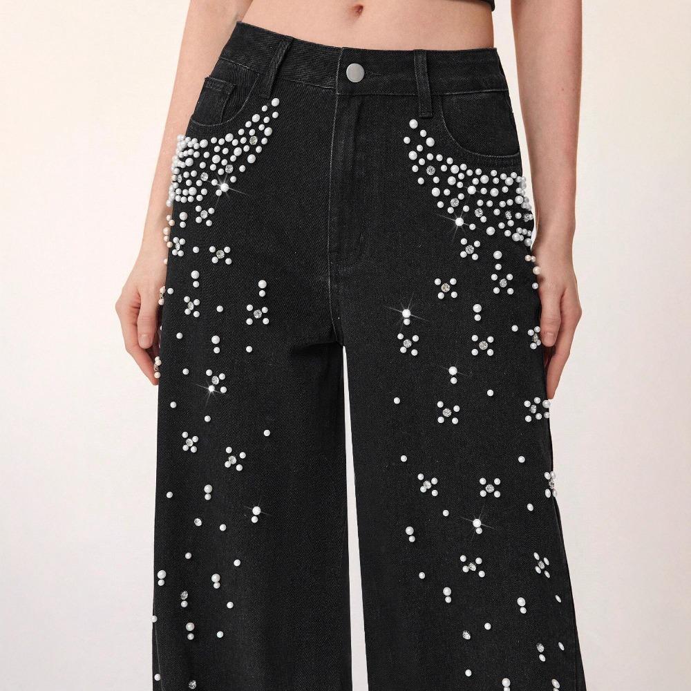 Women's High Waist Straight Leg Jeans Loose Fit Rhinestone Pearl Beaded Non Stretch Denim Pants Elegant Fall Wash Wide Leg Trousers