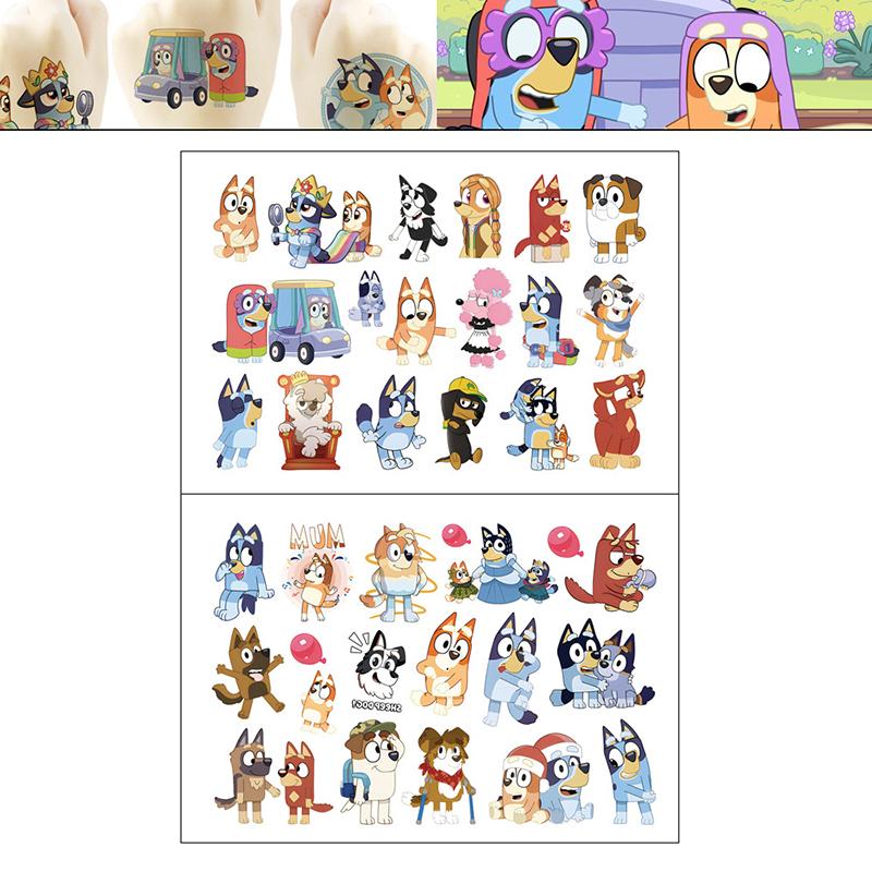 Bluey Bingo Temporäre Tattoo Aufkleber Blauer Hund Anime Actionfiguren Cartoon Dekoration DIY Aufkleber Kinder Geburtstag Spielzeug
