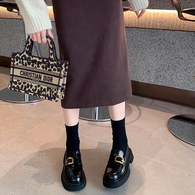 Sheepskin version~ retro small gold buckle genuine leather thick-soled heightening loafers women's muffin shoes thick heel lazy small leather shoes