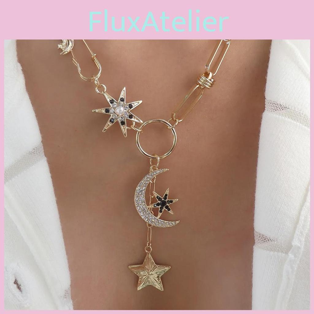 Moon And Star Pendant Necklace For Women In Zinc Alloy With Multilayer Design For Fashion Statement