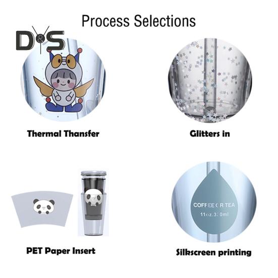 Leak-proof Iced Coffee Cup Reusable Straight Pipette Cup with Built-in Straws Double Wall Insulated Iced Coffee Tumbler Cartoon Drinking Cup