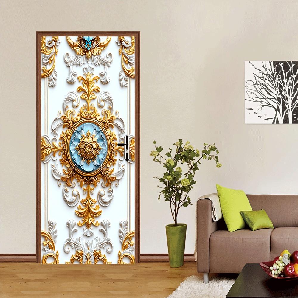 2pcs European Luxury Wall Stickers, Living Room Bedroom Entrance Decoration Door Stickers, Gold Carved Self-adhesive Waterproof