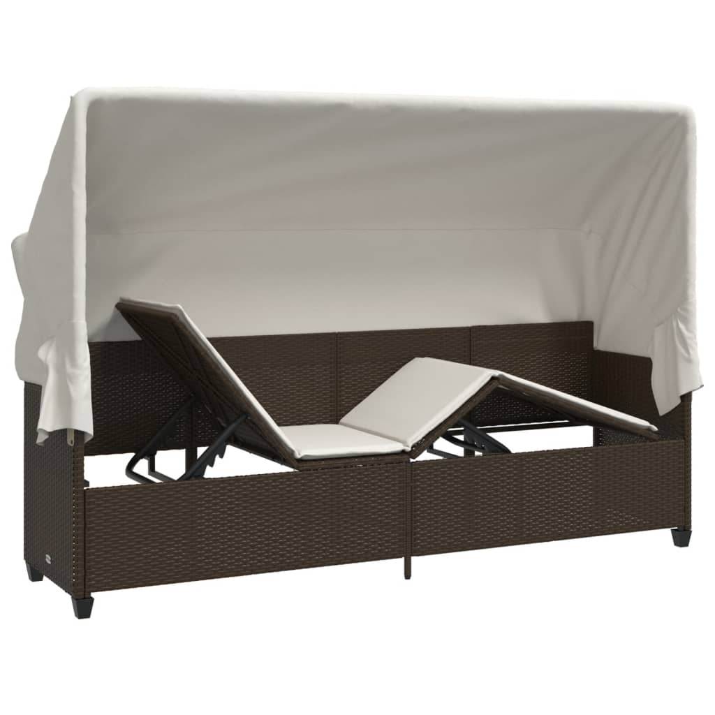 Sun Lounger with Canopy and Cushions Brown Poly Rattan