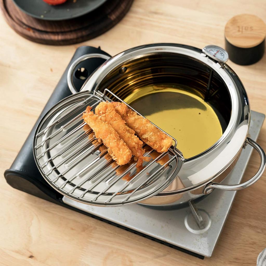 Stainless Steel Deep Fryer Pot, Frying Chicken Pot, Tempura Deep Fryer with a Thermometer and a Lid, Japanese Style Te