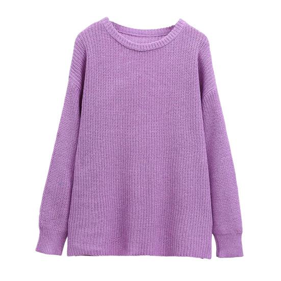 Women Pullover Sweater Round Neck Long Sleeve Elastic Fabric Knitting Tops Solid Color Loose Fit Sweater Tops