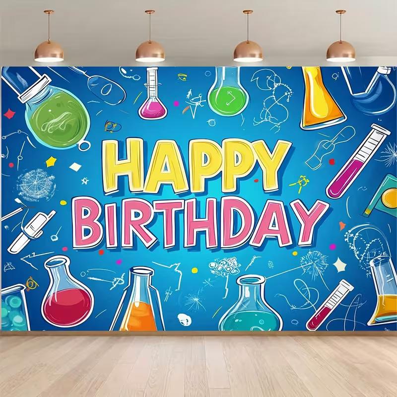 

2D Flat Kids Science Party Backdrop Happy Birthday Lab Test Tube Background Cloth 47.2x31.5inch/120*80cm