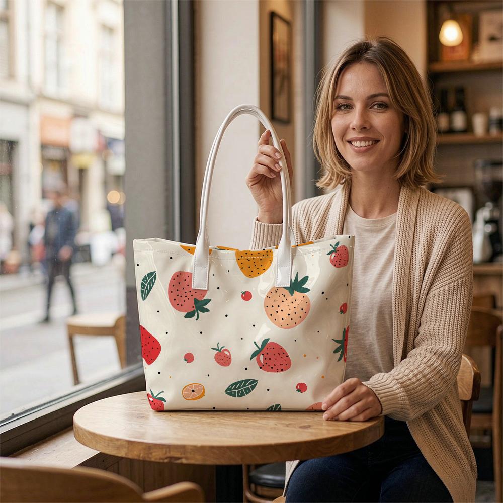 Cute Strawberry Printed Tote Bag Casual Daily Outdoor Carry Handbag Stylish Women Lightweight Shoulder Bag for Shopping Travel