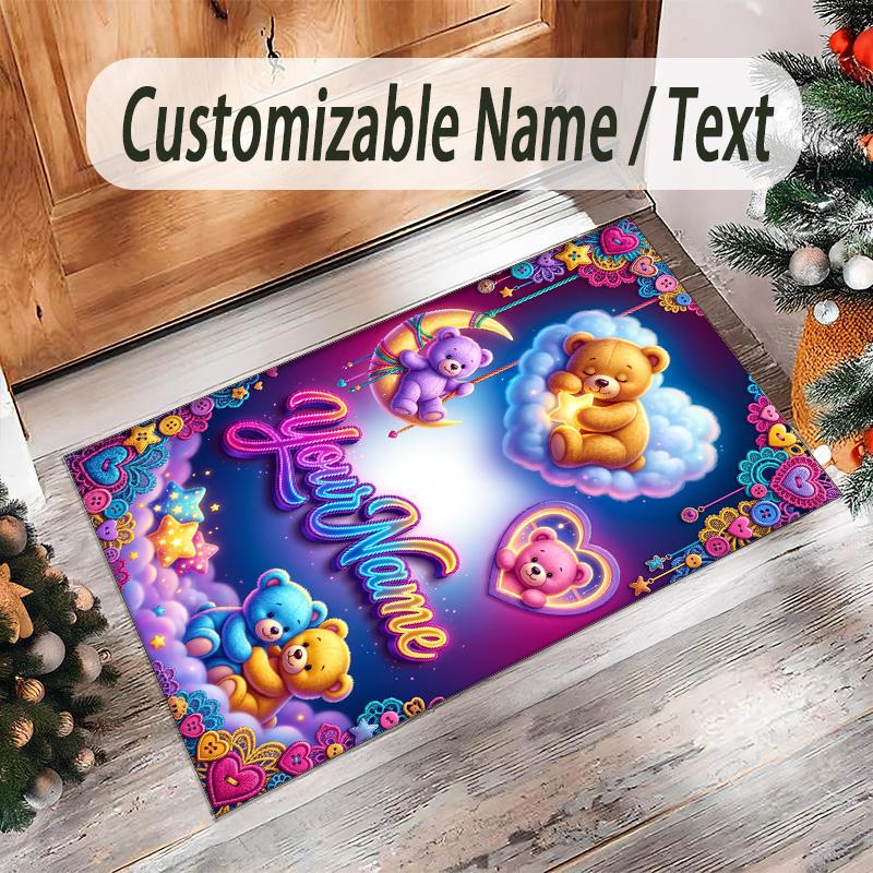 Teddy Bear Theme Crystal Velvet Rug Personalized Custom Name Text Soft Floor Mat Home Decor
