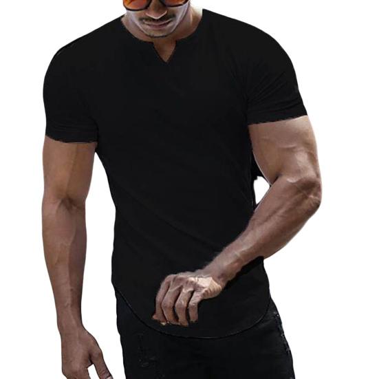 V-Neck Short Sleeve Arc Hem Men T-shirt Summer Solid Color Simple Tee Shirt Streetwear