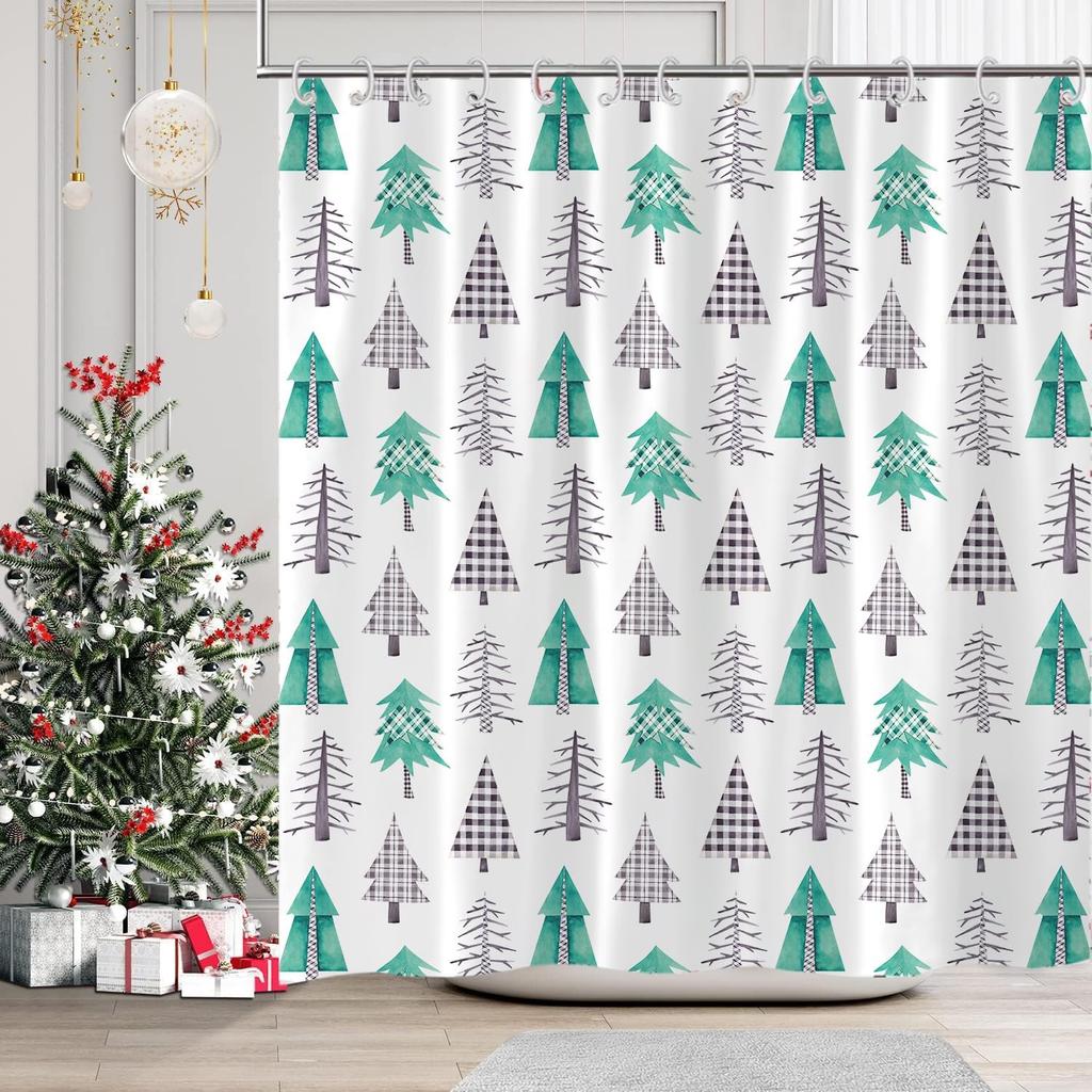 Christmas Shower Curtains Merry Xmas Green Christmas Tree Winter White Snow Gold Stars Red Scarf Bathroom Shower Curtain Xmas