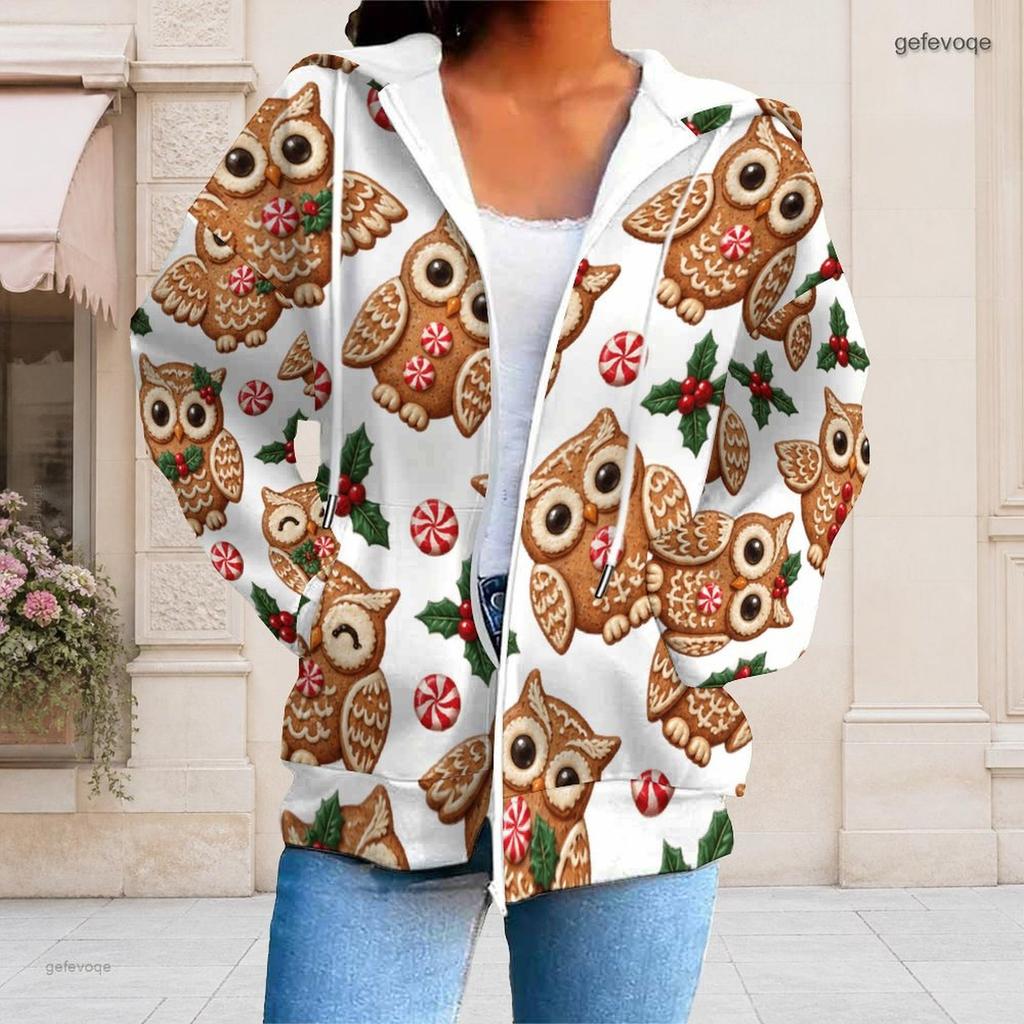 Women Plus Size Zip Up Hoodie Long Sleeve Drawstring Hood Pockets Christmas Hedgehog Print White