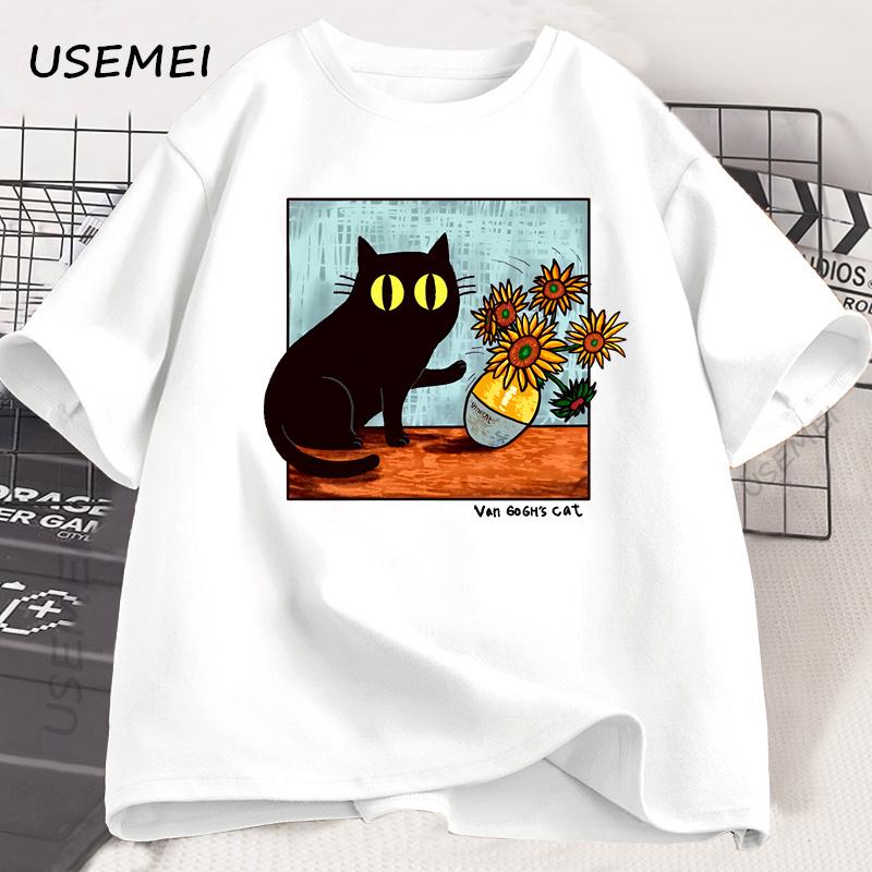 Van Gogh Cat Graphic T Shirts Men Women Flower Black Cat T-shirt Round Neck Cotton Short Sleeve Trendy Tee Shirt Streetwear