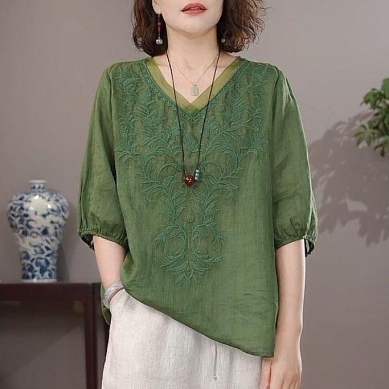 Women Summer New Navy Blue V Neck Floral Embroidery Three Quarter Sleeve Casual Blouse
