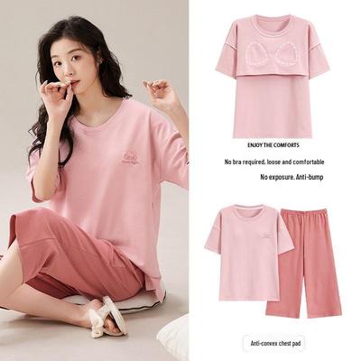2025 Women's Summer Capri Pajama Set: Short-Sleeve, Thin Cotton with Breast Pads, Versatile for Home or Outside Wear