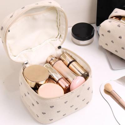 Corduroy Makeup Bag with Heart Pattern Portable Travel Cosmetic Bag Zipper Makeup Pouch Toiletry Organizer Purse for Women Girls