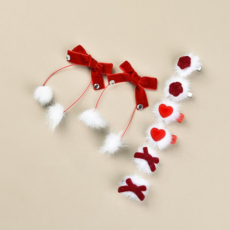 Red Velvet Bow Hairpins For Princess Girl Cute Pompom Heart Kids Autumn Winter Hair Clips Korean Sweet Clips New Year Headwear