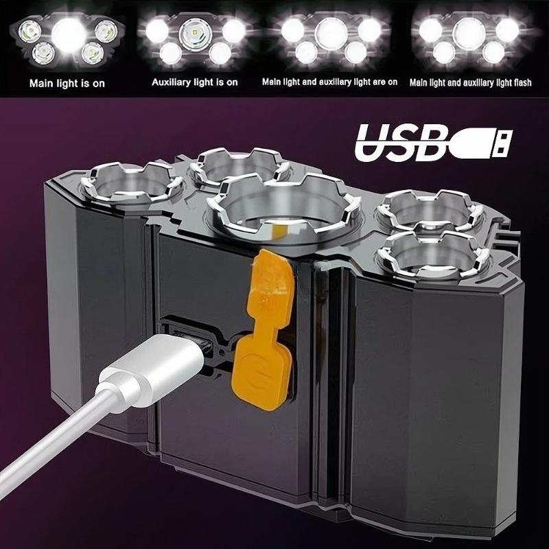 Strong Headlight USB Rechargeables Flashlight Outdoor Nights Fishing Lighting 5Led Built-in Battery Super Bright 5W Head Mounted