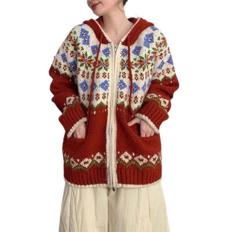 Women's Korean-Style Color Block Fair Isle Hooded Knit Cardigan - Autumn/Winter Versatile Loose Fit Sweater.