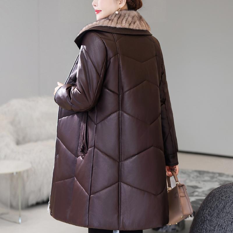 Middle Age Woman Winter Long Faux Sheepskin Coats Fur Collar Elegant Thick Warm Winter Parkas Female Leather Jacket