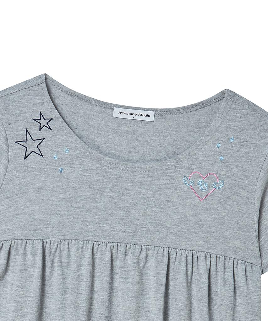 AWESOME STUDIO Kitsch Embroidered Shirred T-Shirt Melange Gray