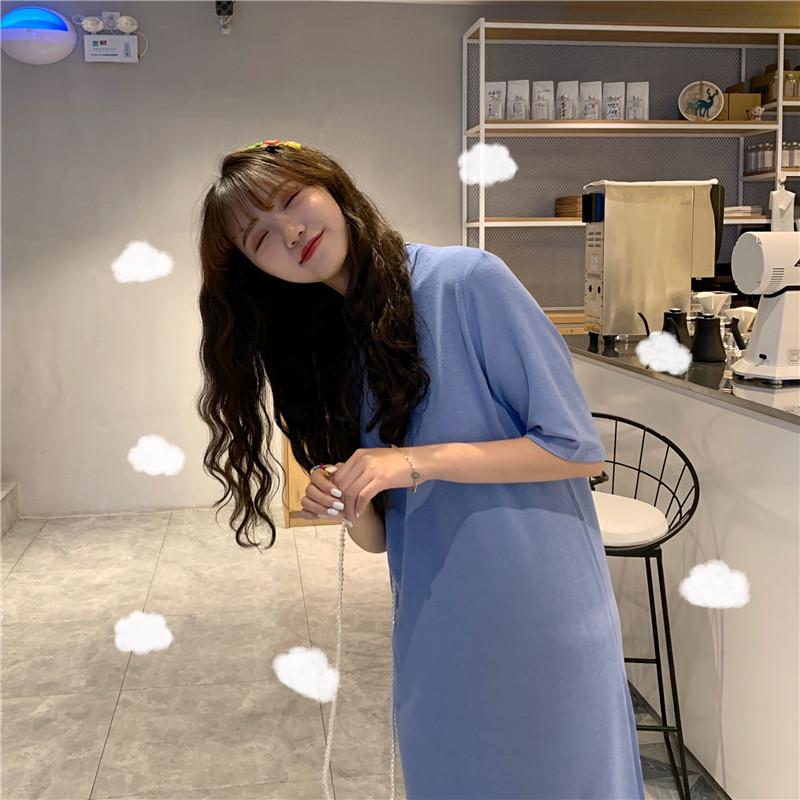 Casual Korean Style Over-the-Knee Slit Nightdress - Women's College Loose Fit Slimming T-shirt