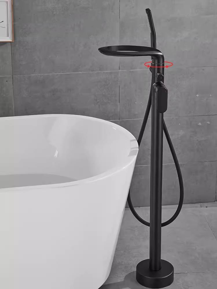 Tuqiu Black Bathtub Faucet Set Floor Decked Brass Waterfall Bathtub Mixer Morden Style Bathroom Taps