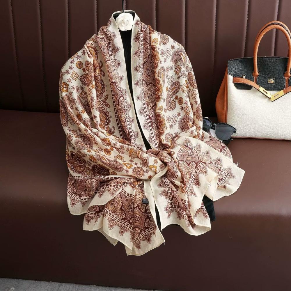 180X85Cm Retro Cashew Flower Scarf Women'S All-Season Cotton And Linen Feel Large Scarf Warm Sun Protection Neck Shawl Hijab