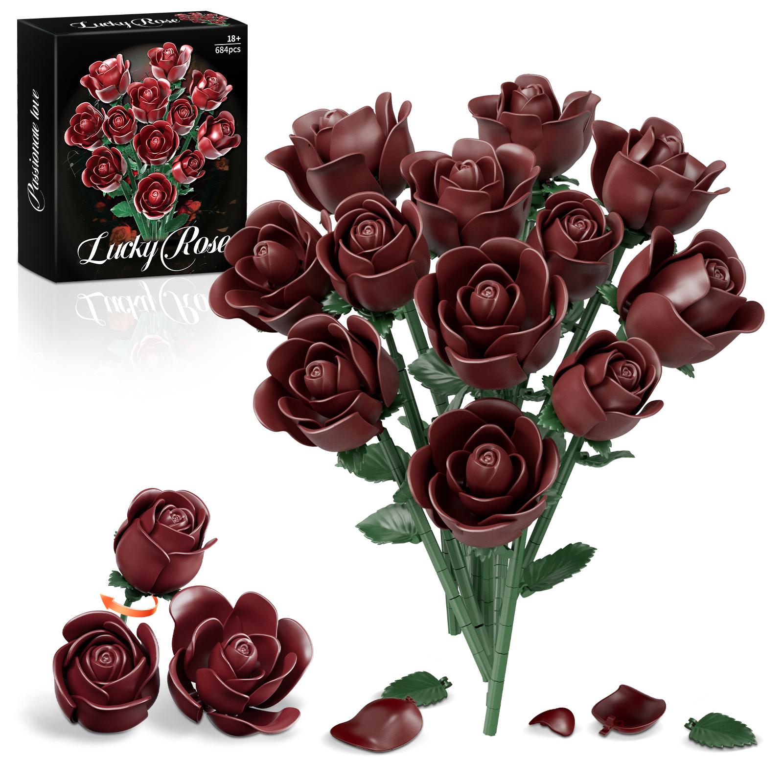 

Romantic Rose Flower Bouquet Construction Blocks Creative Household Table Plant Decoration Build Bricks Toys For Gifts Girls Lady