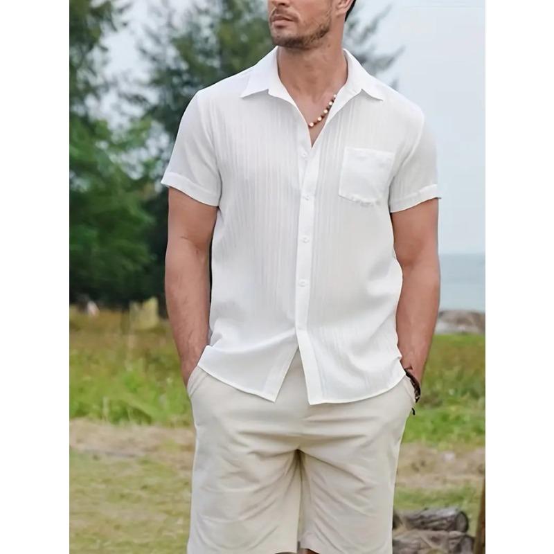 1pc Men's Casual Striped Shirt Tie Button Short Sleeve Shirt Summer Hawaii Shirt