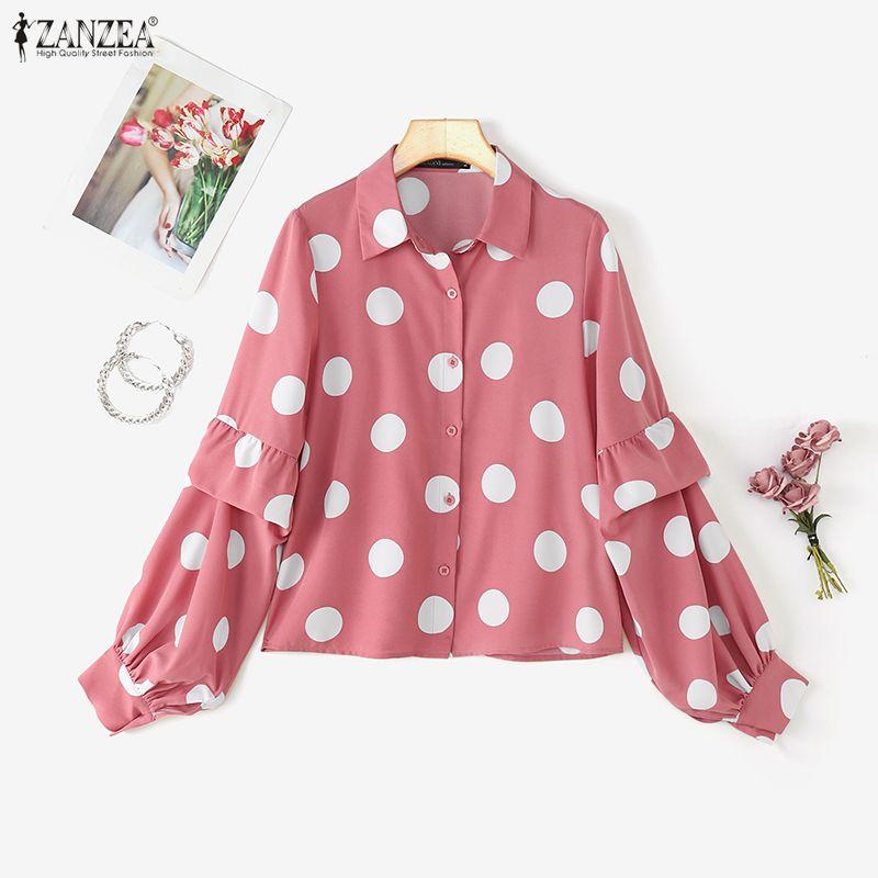 

ZANZEA Women Turn Down Collar Long Sleeve Polka Dots Casual Blouse Shirts 2XL розовый