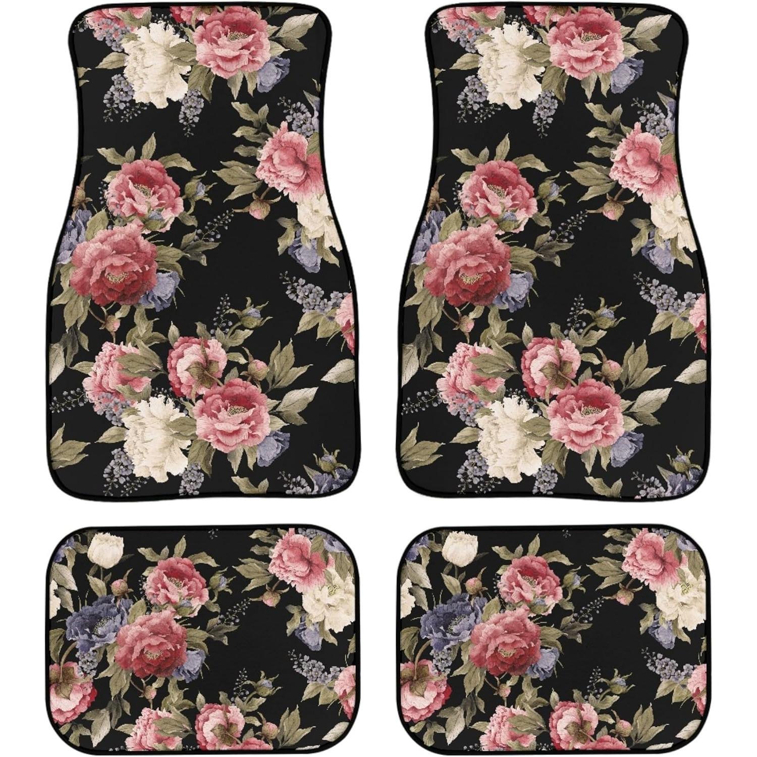 

Dark Vintage Floral Print Floor Mats Set of 4, Seamless Floral Pattern with Peonies Watercolor Vehicle Front Rear Carpets Mats Floor Rugs Accessories Four-piece Set