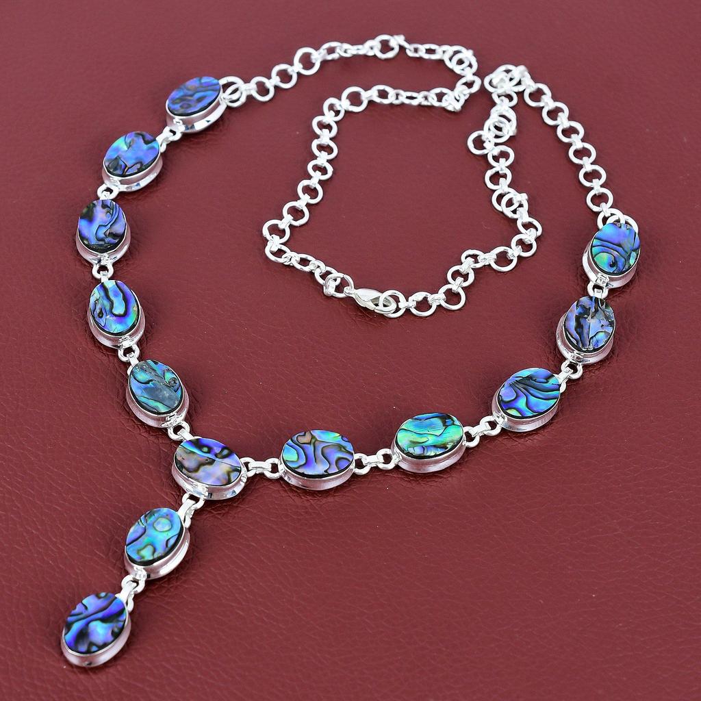 Abalone Shell Necklace Natural Gemstone Necklace 925 Sterling Silver Necklace Handmade Boho Jewelry Adjustable Chain Necklace Gifts for Wife