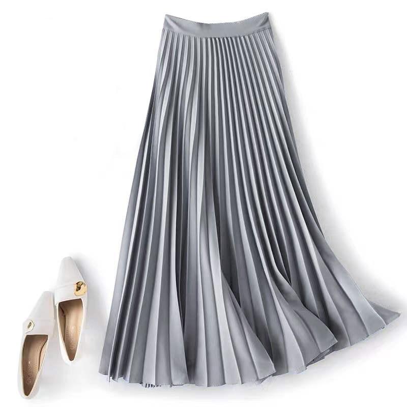 Women Spring Autumn Solid Elegant Chic Pleated Skirt High Waist Luxury With High Elastic Female C-035