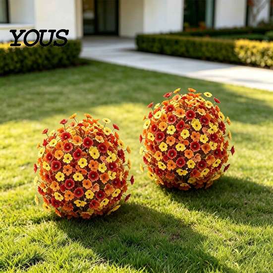 Long Lasting Faux Flowers for Home Fall Artificial Topiary Ball Flowers, Mums Plants Tree, UV Resistant Outdoor with Vibrant Floral Decor Spike, Fake