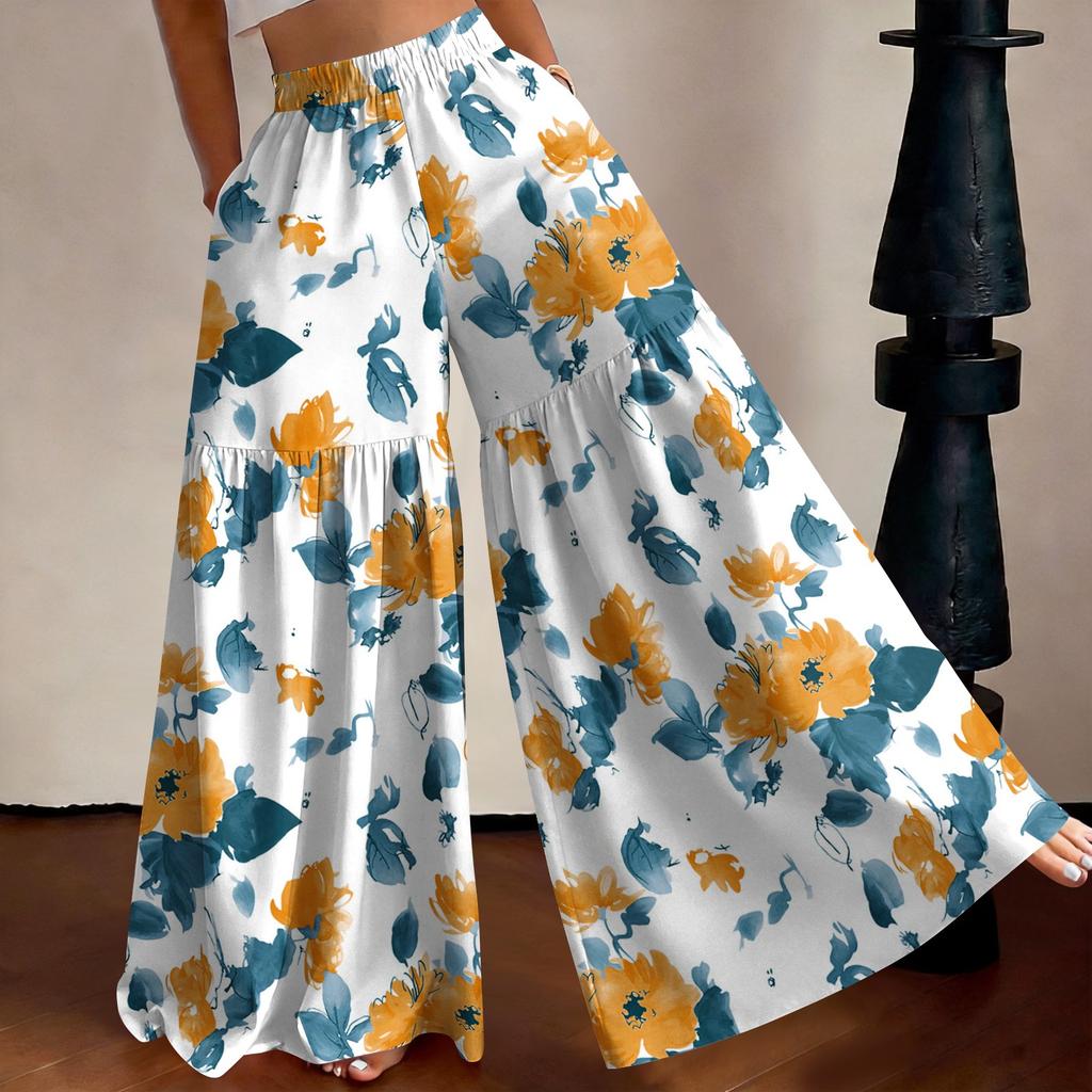 Women's High Waist Wide Leg Pants Loose Fit Lightweight Breathable Floral Print Casual Palazzo Trousers for Summer