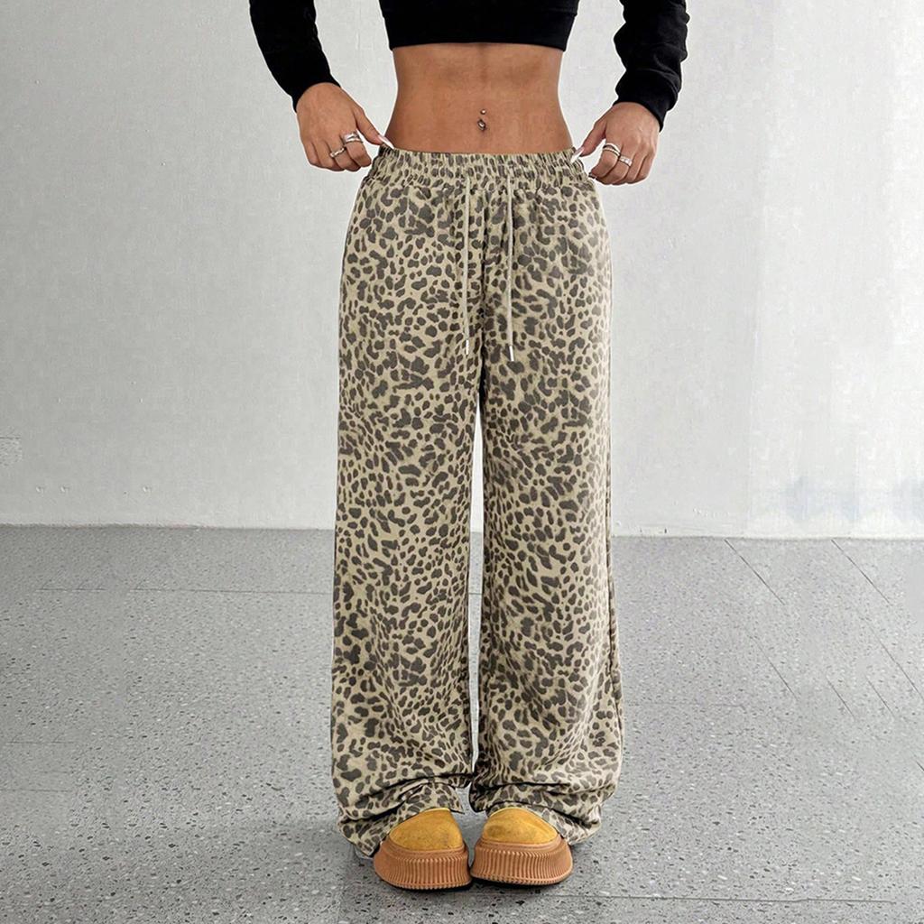 Women's Leopard Print High Waisted Wide Leg Trousers  Casual Straight Leg Pants