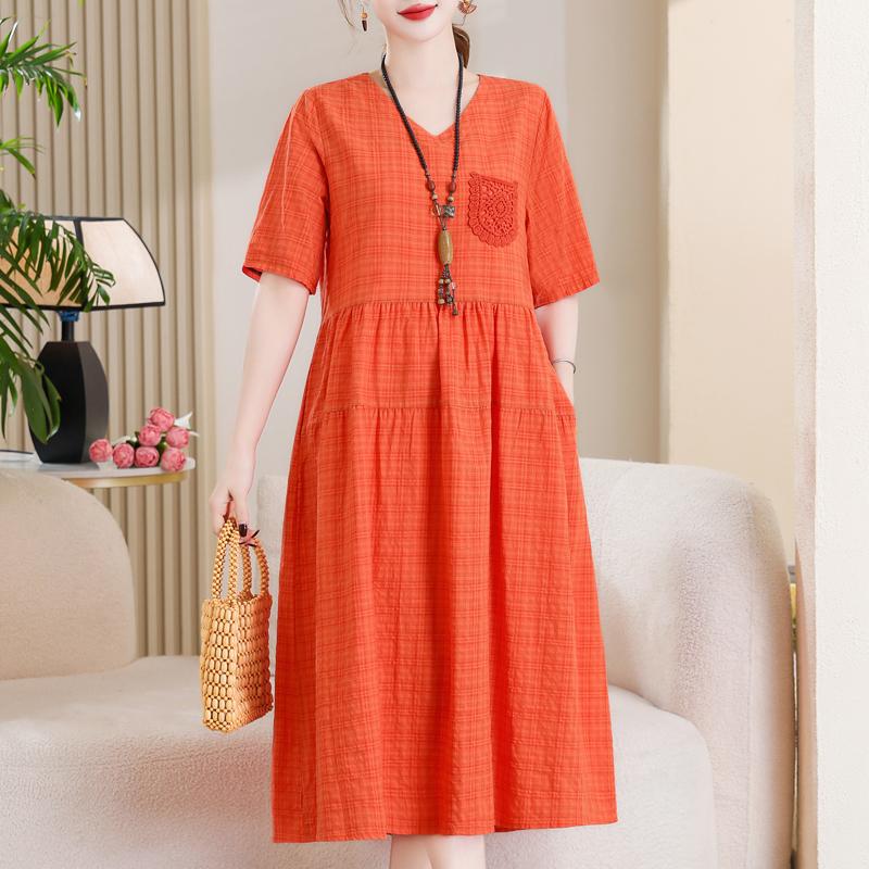 Women's Plus Size Cotton Linen Dress, Loose V-Neck Casual Summer Midi Dress with Pockets (XL-5XL)