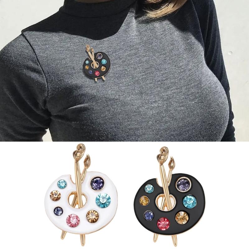 Enamel Rhinestones Art Palette Brooch Alloy Construction Lapel Pin Clothing Jewelry Accessory for Stylish Wear
