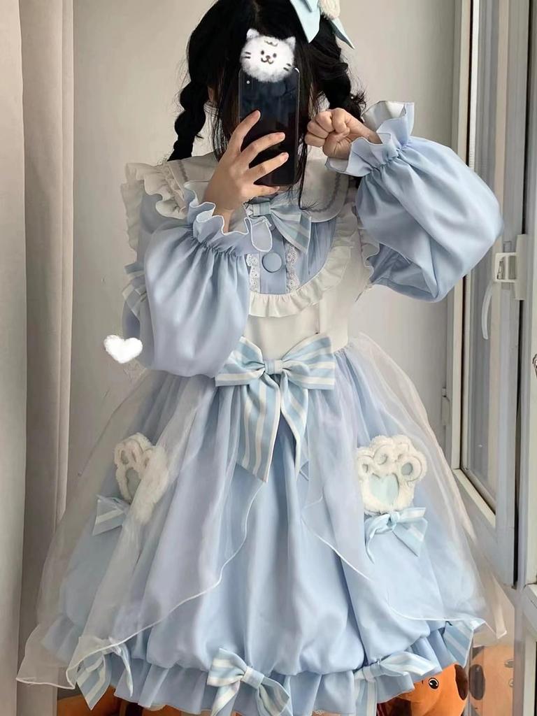 XHSUKADO Lolita Long with Flared Dreamy Cute Cat Claw Big Ruffle School Cultural Size M Women's Dress, Sleeves, Sleeves, Ribbon, Accessory, Collar,