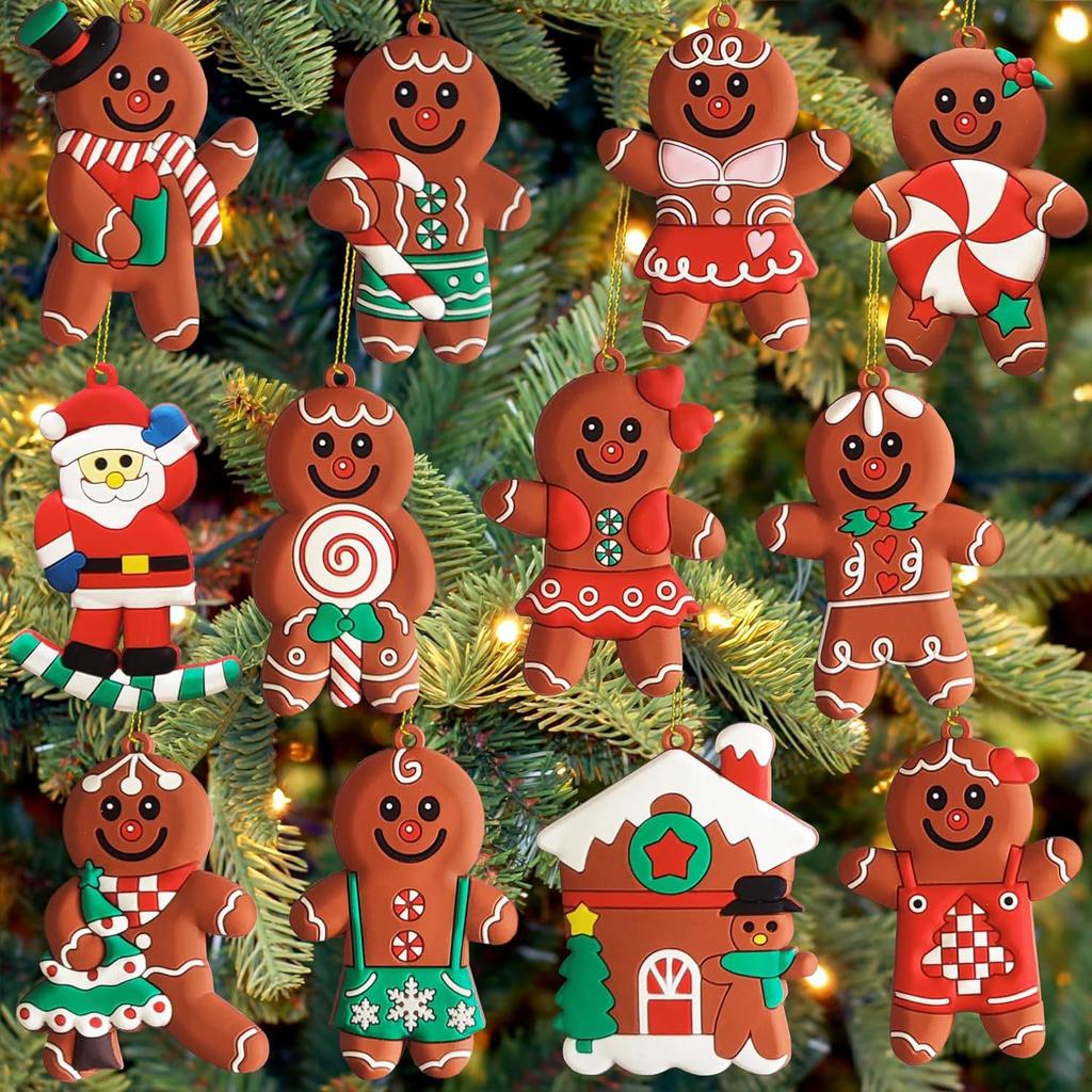 12 PVC Gingerbread Man Ornaments for Christmas Tree, Kitchen Decoration, and DIY Accessories.