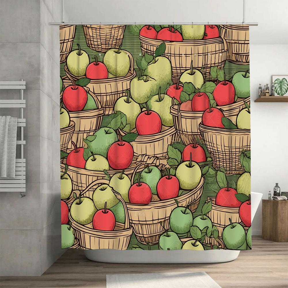 Red Green Apple Shower Curtain - Farmhouse Basket & Leaves, Waterproof Rustic Bath Decor for Christmas