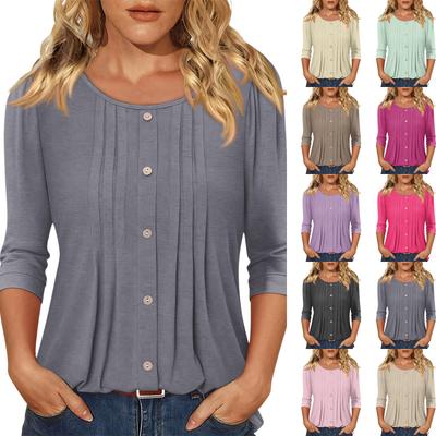 Women's Fashionable Casual Three,quarter Sleeve Button Color Round Neck Top