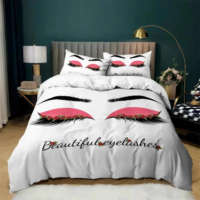 Pink Eyelash Duvet Cover Set Girls Women Eyelash Heart Printed Bedding Set Closed Eyes Pattern Design Comforter Cover Queen Size