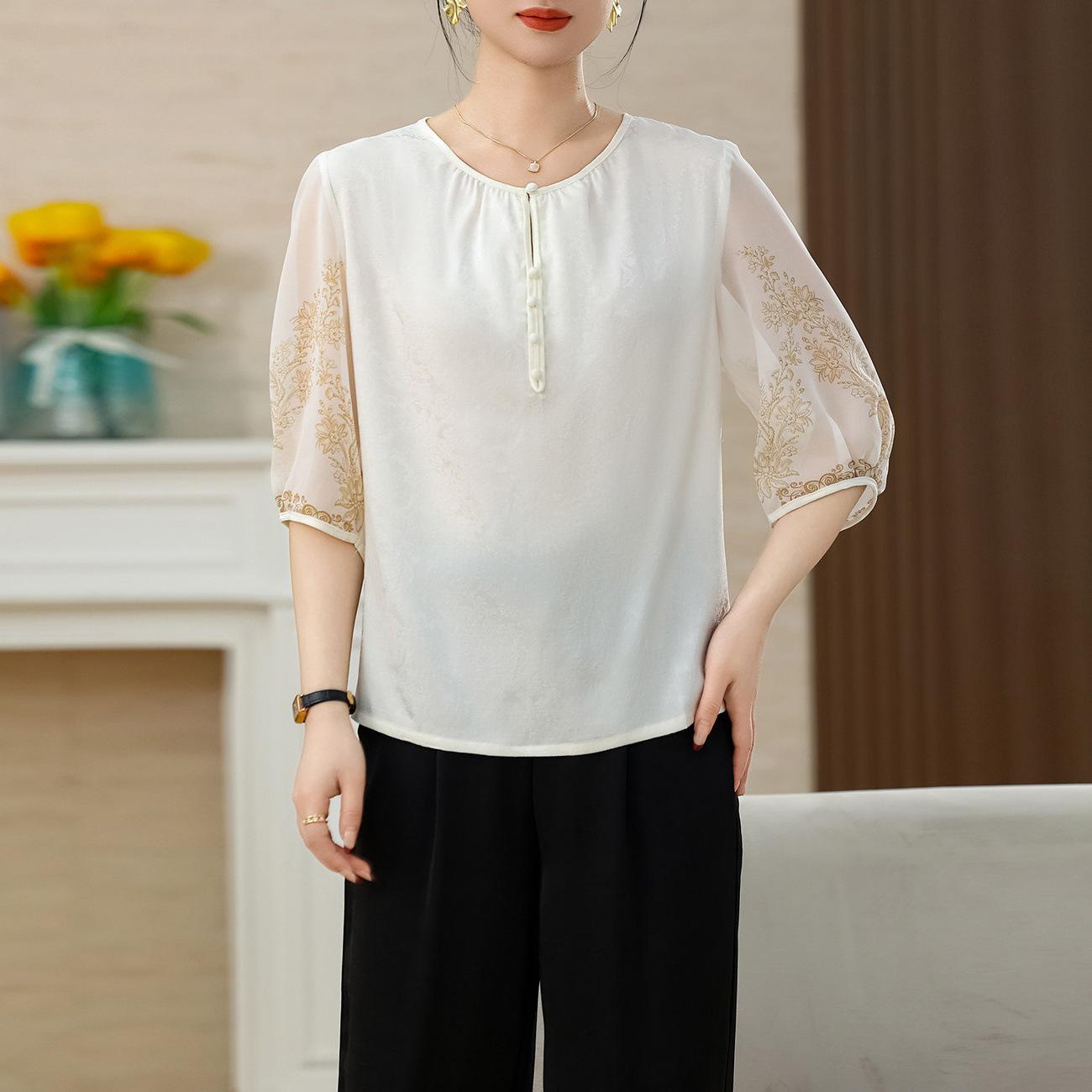 

Women s Artistic Mid-Sleeve Button-Up T-shirt – Stylish, Breathable Summer Top for Middle-Aged & Elderly Mothers 4XL білий
