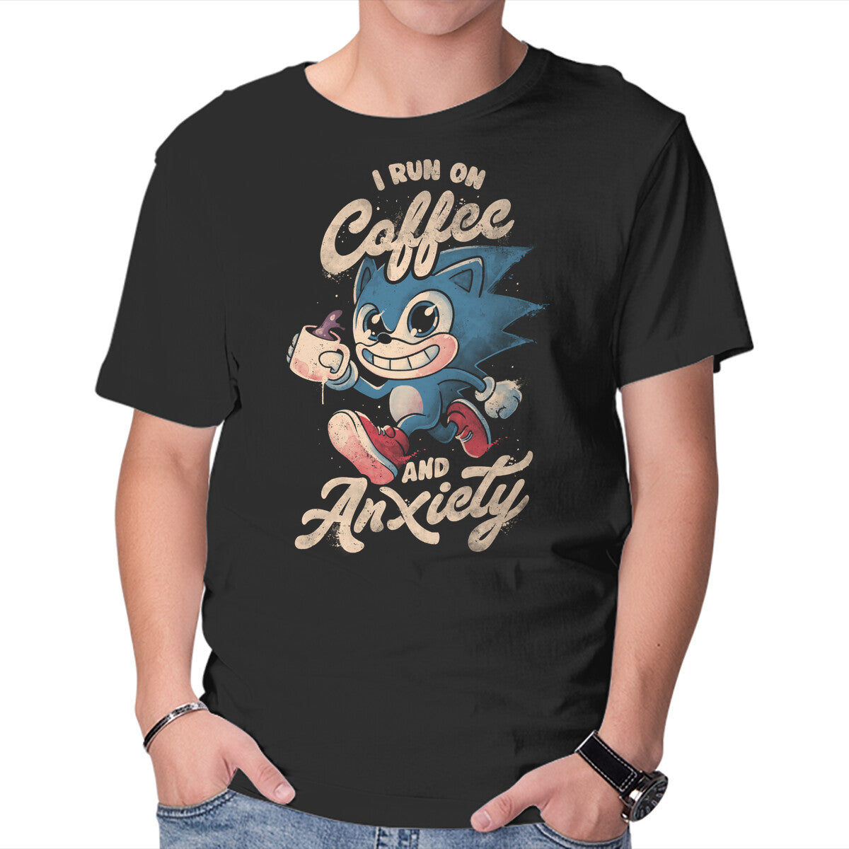 Unisex Crew Neck T-Shirt I Run On Coffee And Anxiety Graphic Short Sleeve Casual Tee L