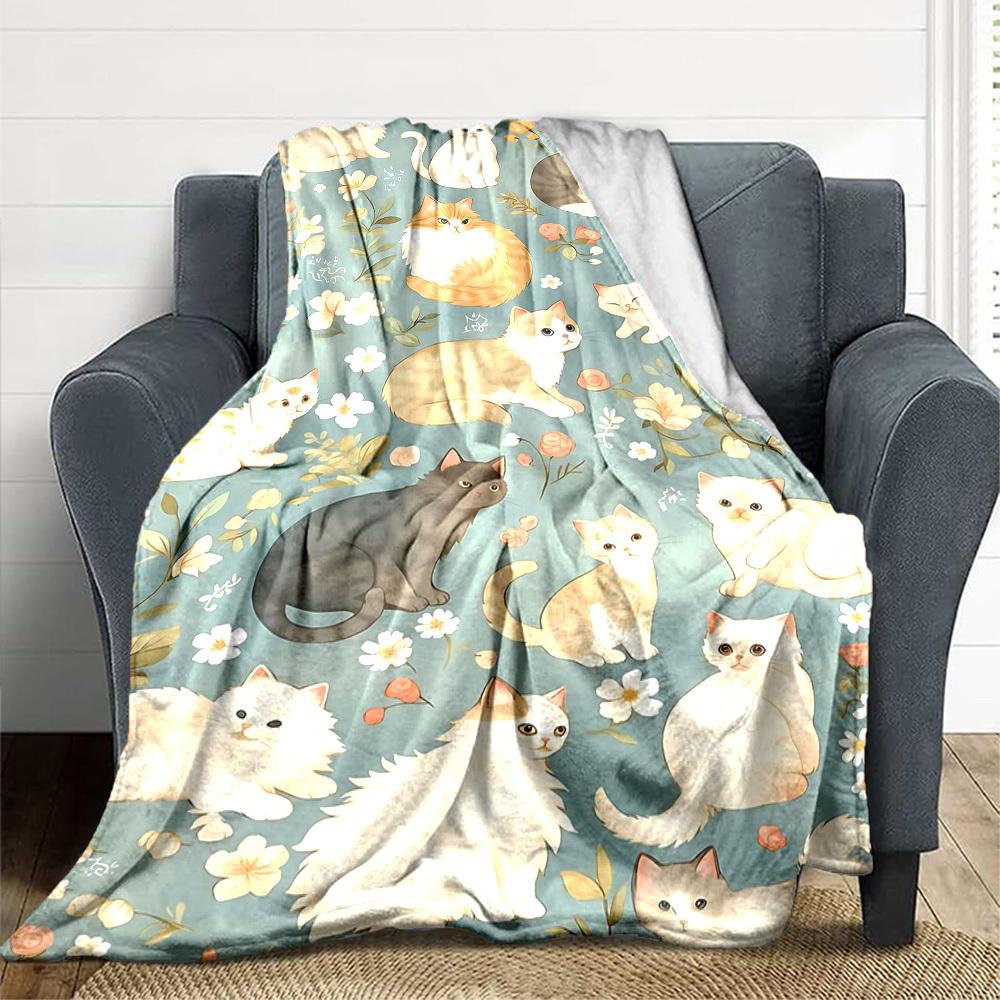 1pc Cats Flowers Lightweight Flannel Blanket, Comfortable and Warm Blanket, for Office and Camping Sofa Bed, Livingroom107