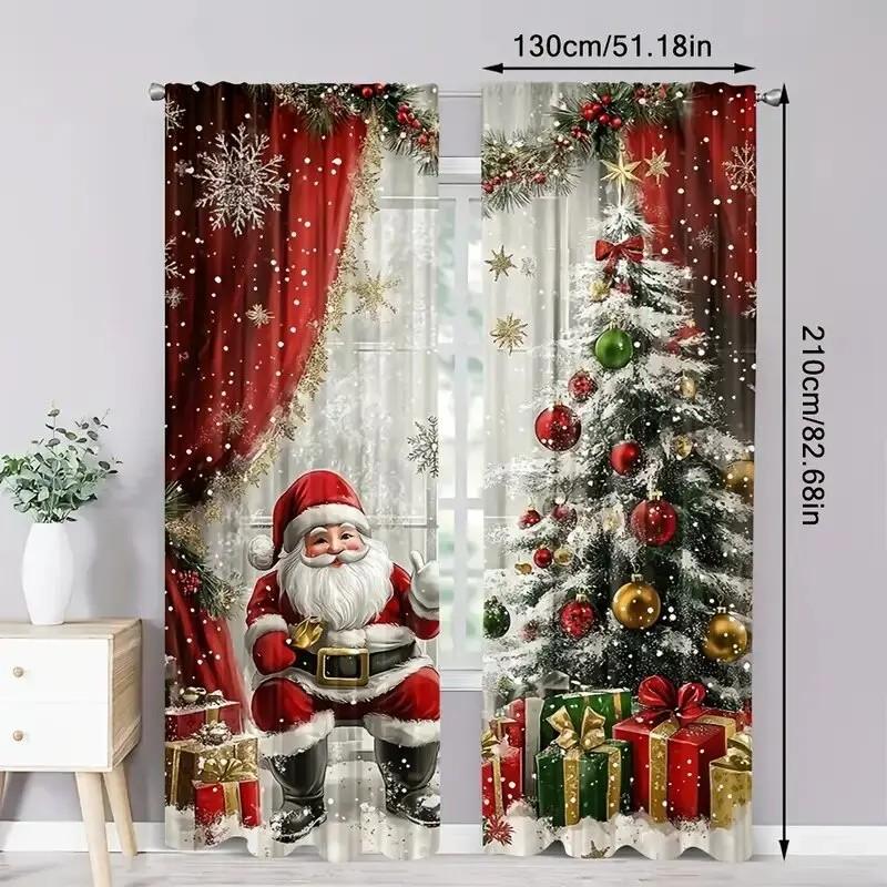 2pcs Festive Santa Claus Printed Curtains   Privacy Semi Sheer Fabric   Christmas Window Decoration   Rod Pocket   Home Decor