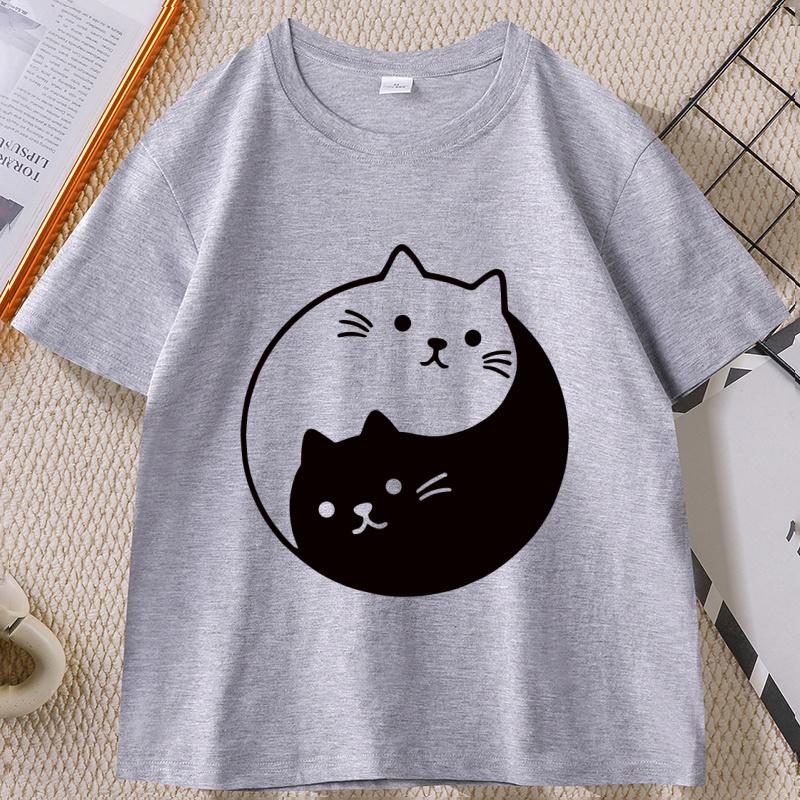 Yin Yang Cat TShirt Funny Cute Kawaii Kittens Tee Cotton Short Sleeve Summer Round Neck Tshirt Streetwear Basic Tees