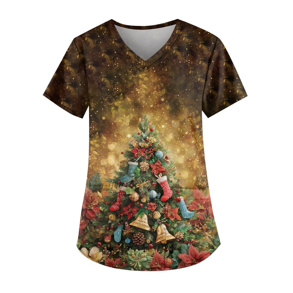Ladies' Fashionable V-neck Pocket Short Sleeved Christmas Tree Printed Caregiver Uniform